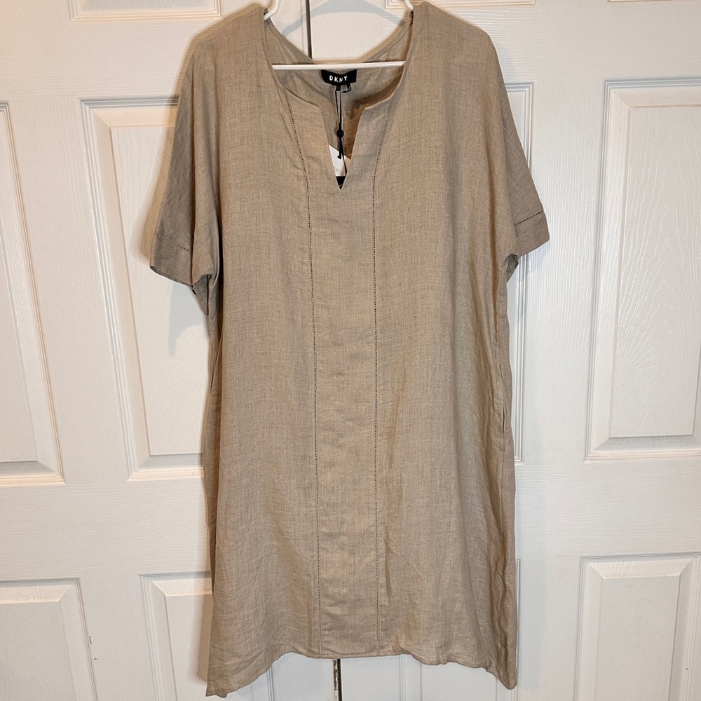 New DKNY 100% Linen Tee Kaftan Shirt Dress Lined Pockets Beige‎ Tan Sz Large - Picture 4 of 15